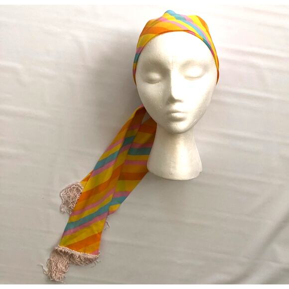 Striped Scarf in Pink Yellow Blue Orange, Retro Vintage Fringed Pastel Office - Picture 6 of 10